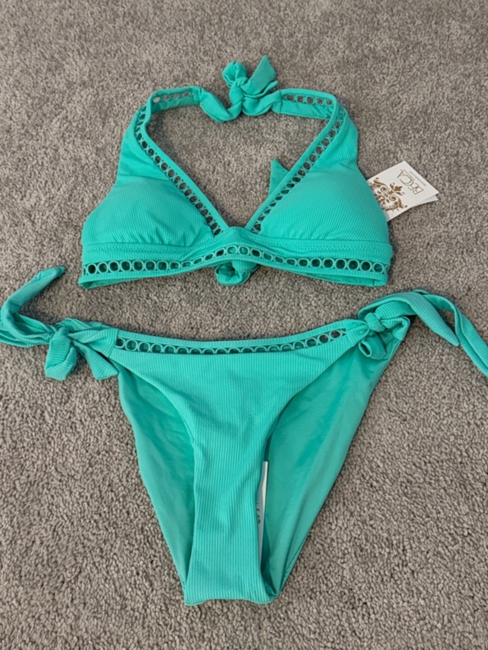 BECCA Turquoise Women’s Two-Piece Bikini with Eyelet Trim M/Top S/Bottom